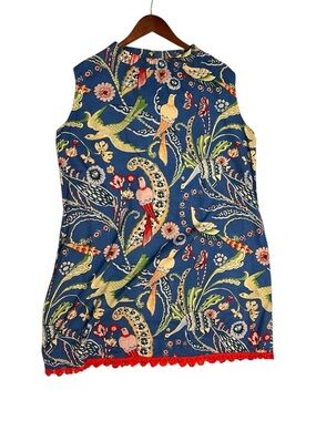 Uncle Frank Blue Bird Floral Folk Art Cotton Mock Neck Dress - Medium